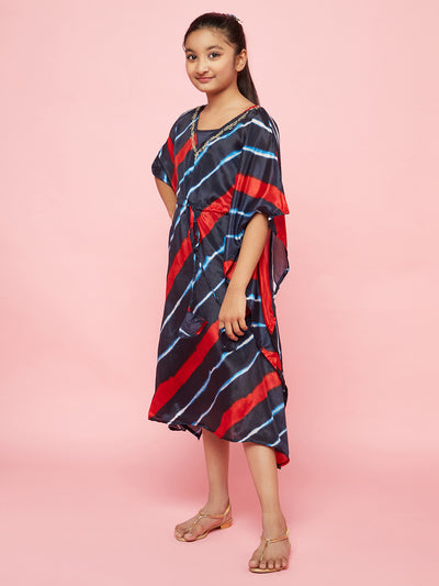 Navy Blue Leheriya Print Kaftan Dress