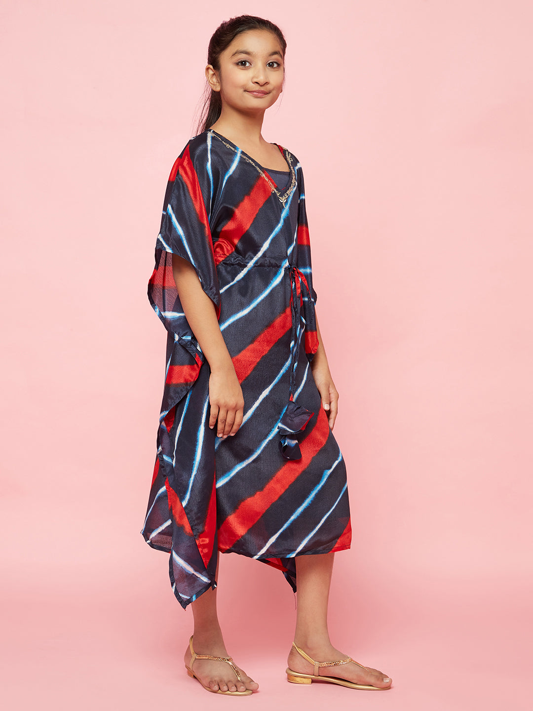 Navy Blue Leheriya Print Kaftan Dress