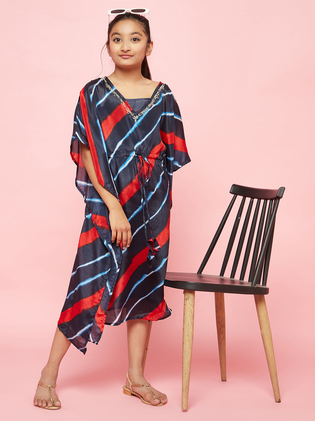 Navy Blue Leheriya Print Kaftan Dress