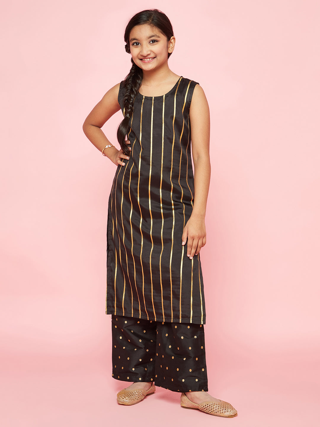 Black Zari Work Striped Kurta With Palazzo