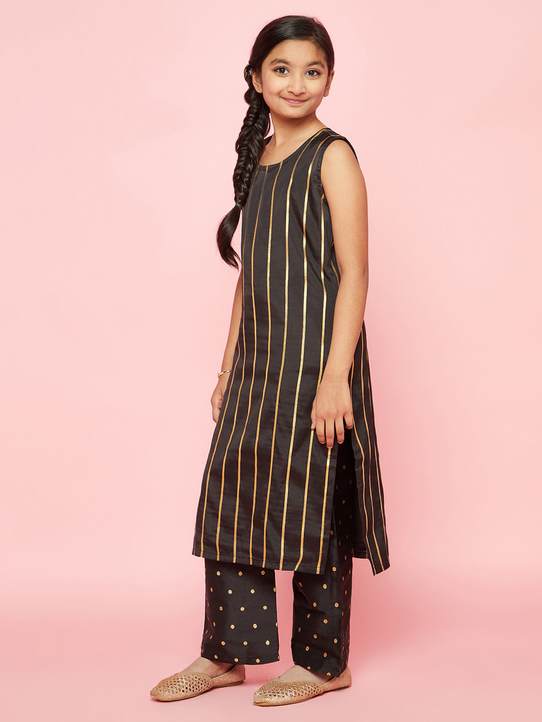 Black Zari Work Striped Kurta With Palazzo