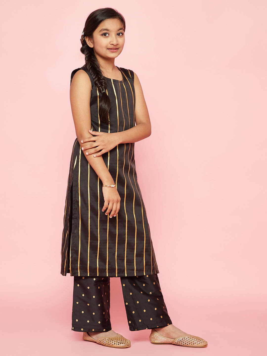 Black Zari Work Striped Kurta With Palazzo