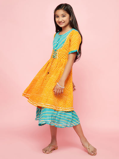 Mustard Leheriya Print Layered Dress