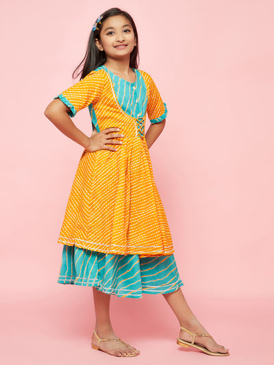 Mustard Leheriya Print Layered Dress