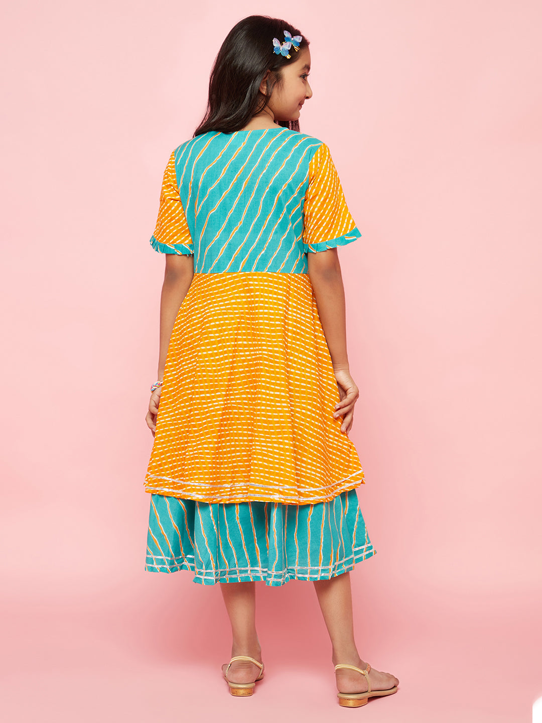 Mustard Leheriya Print Layered Dress