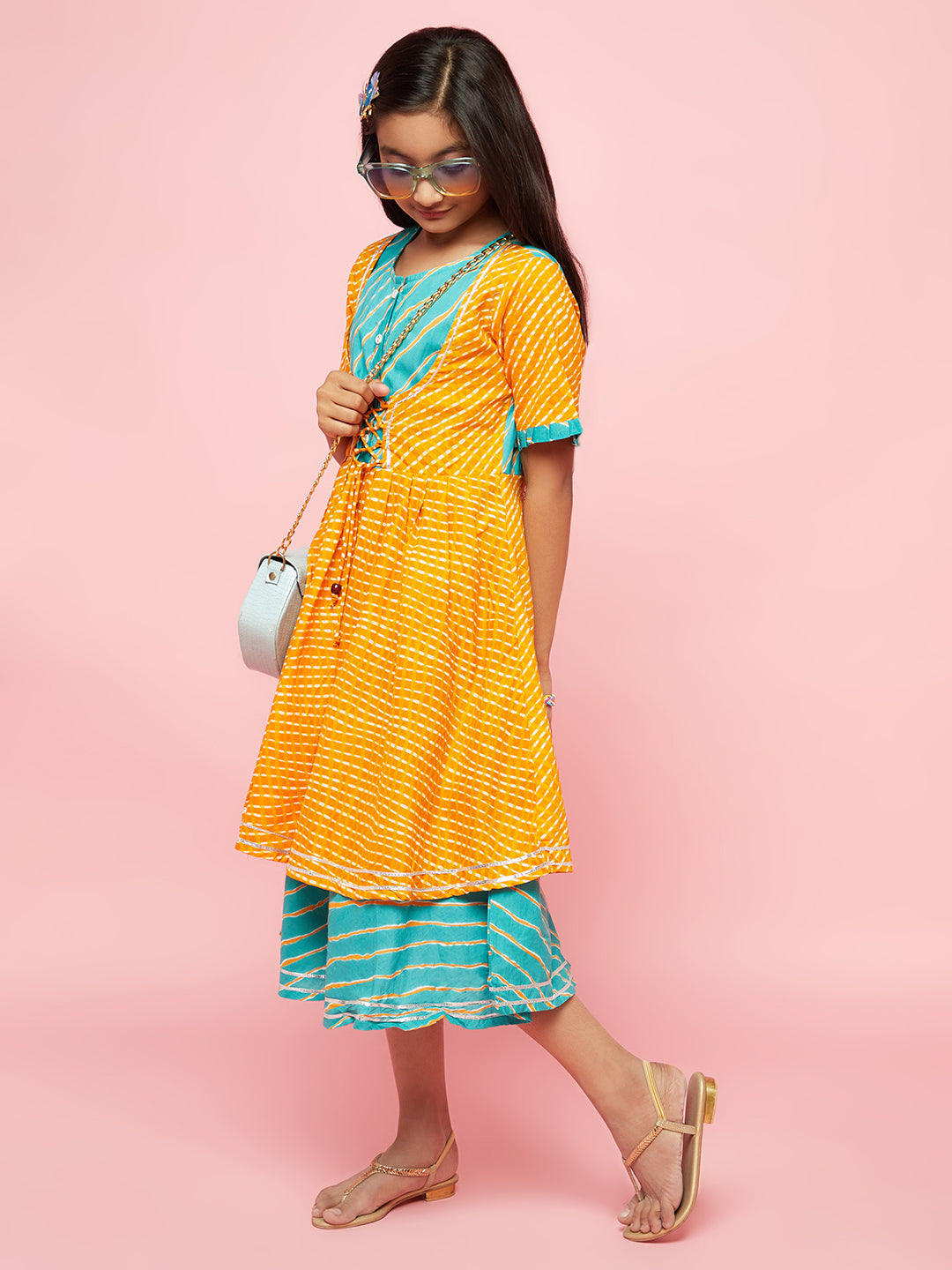 Mustard Leheriya Print Layered Dress