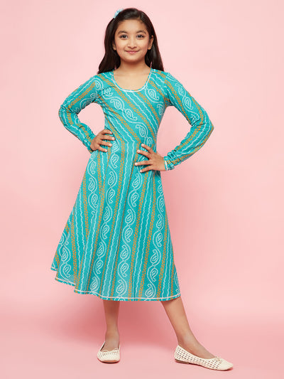 Blue Bandhani Print Flared Dress