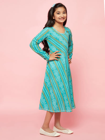 Blue Bandhani Print Flared Dress