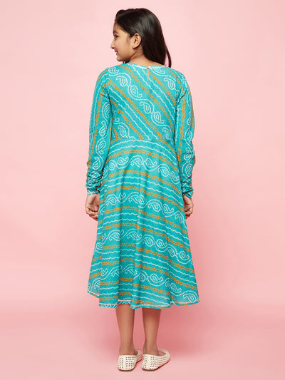 Blue Bandhani Print Flared Dress