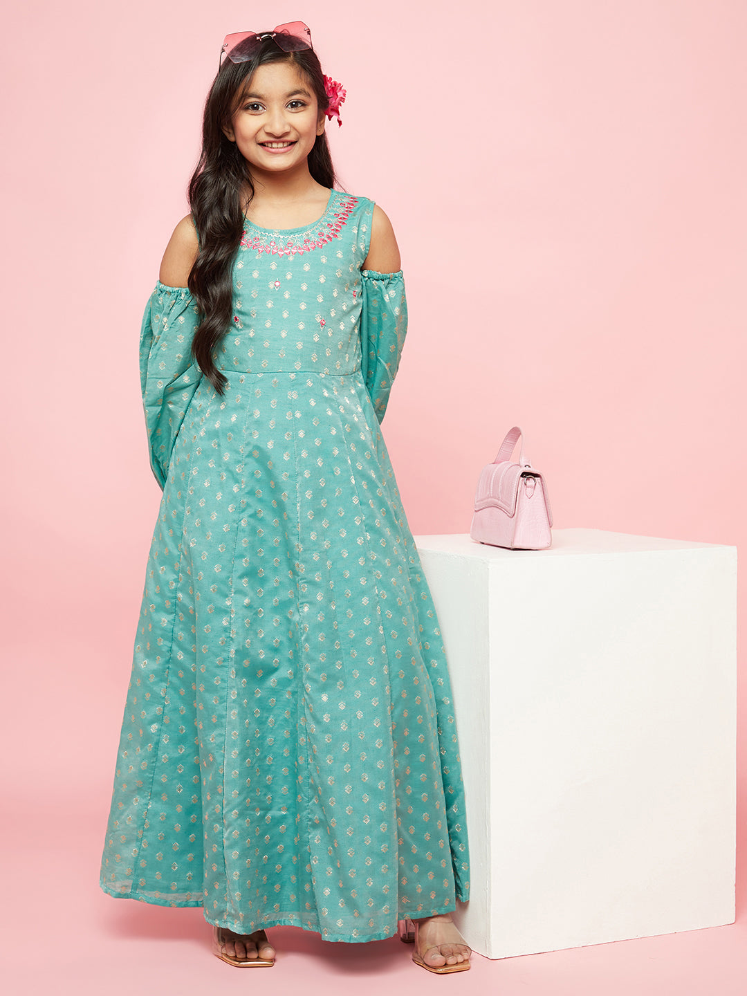 Green Embellished Flared Maxi Dress