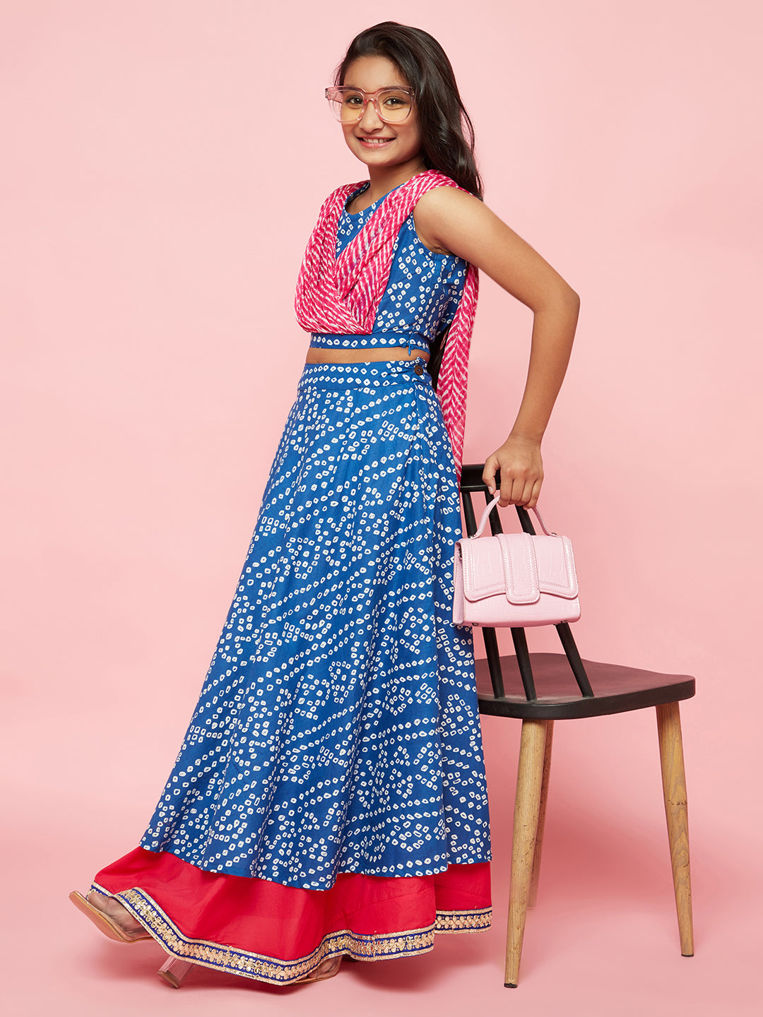 Blue Bandhani Layered Lehenga Choli Mother Daughter Combo