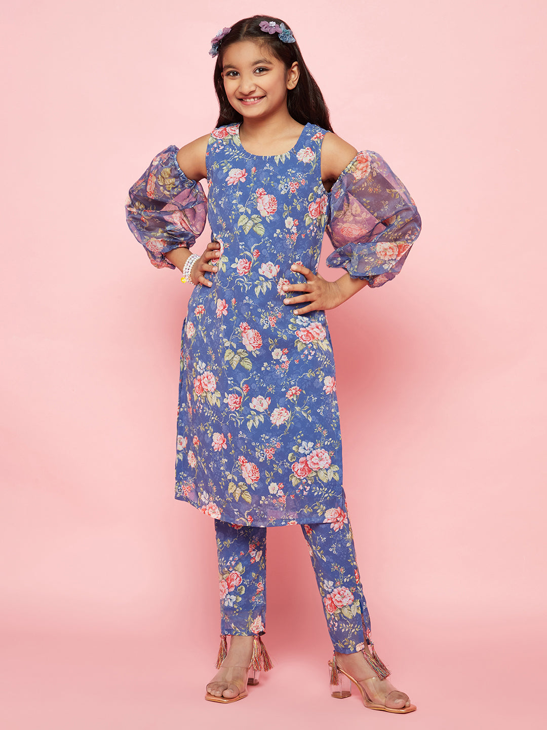 Blue Floral Print Suit Set Mother Daughter Combo