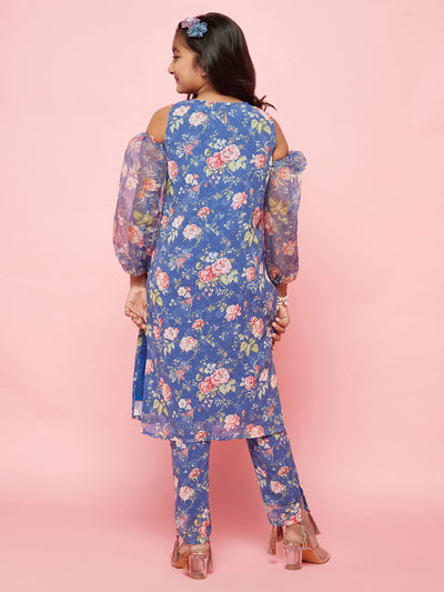 Blue Floral Print Kurta With Pant