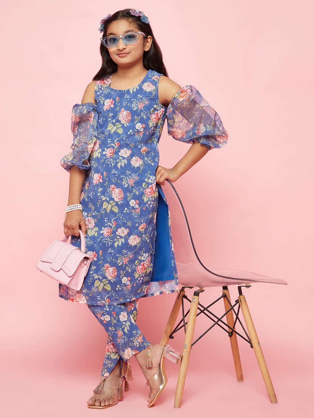 Blue Floral Print Suit Set Mother Daughter Combo