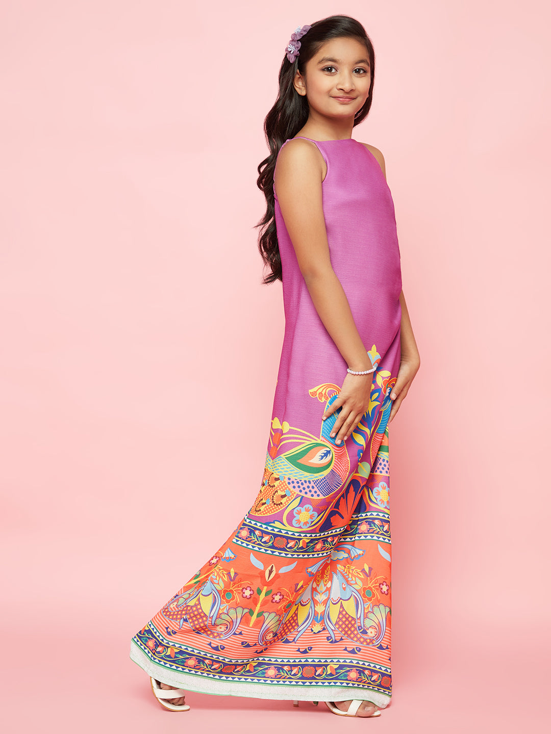 Purple Abstract Print Side Slit Maxi Dress