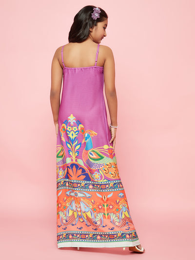Purple Abstract Print Side Slit Maxi Dress