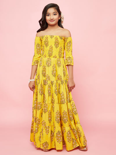 Yellow Floral Print Tiered Maxi Dress