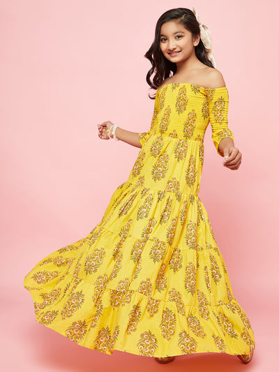 Yellow Floral Print Tiered Maxi Dress