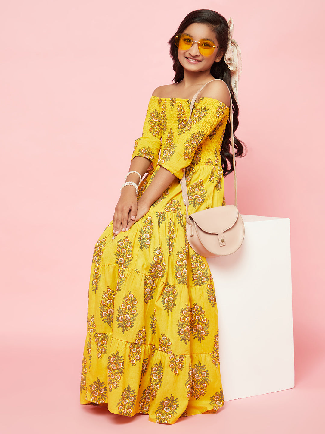 Yellow Floral Print Tiered Maxi Dress