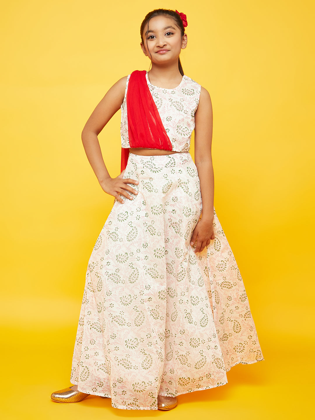 White Block Print Lehenga Choli With Attatched Dupatta