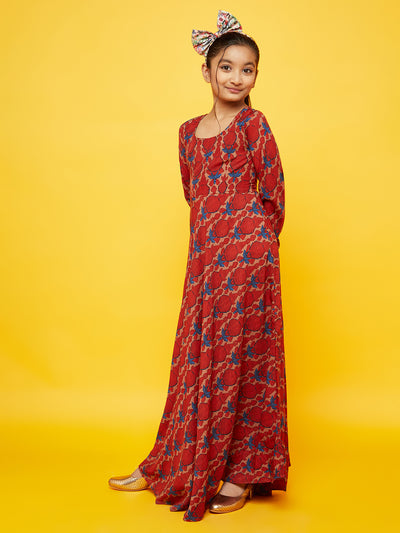 Maroon Printed Flared Maxi Dress