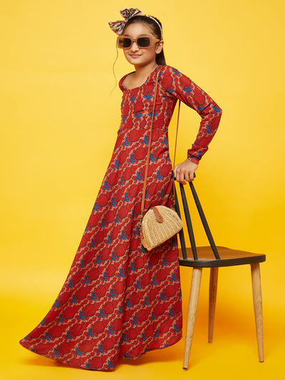 Maroon Printed Flared Maxi Dress