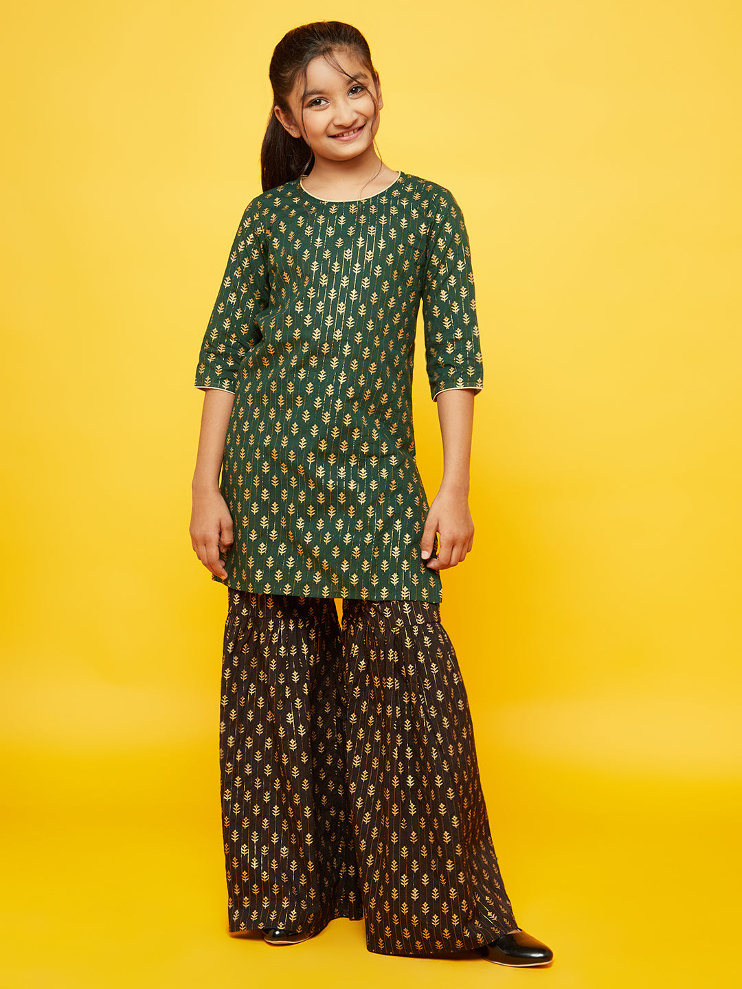 Green Gold Print Kurta With Sharara