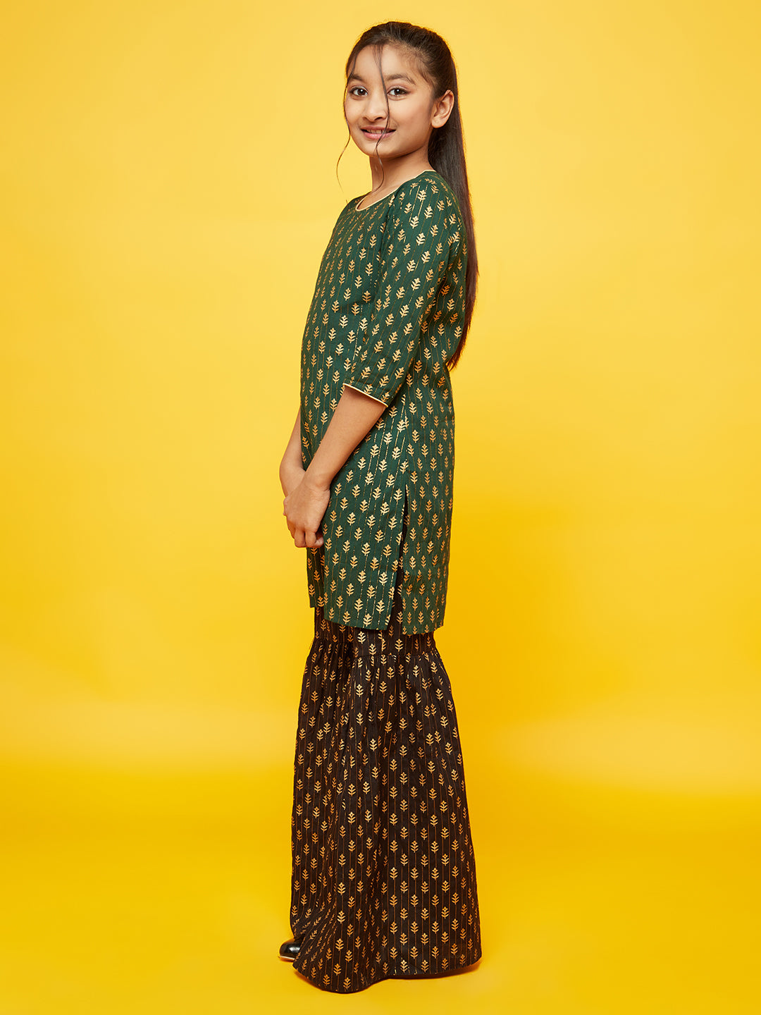 Green Gold Print Kurta With Sharara