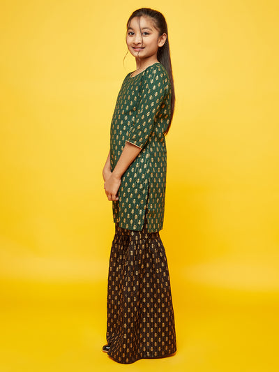 Green Gold Print Kurta With Sharara