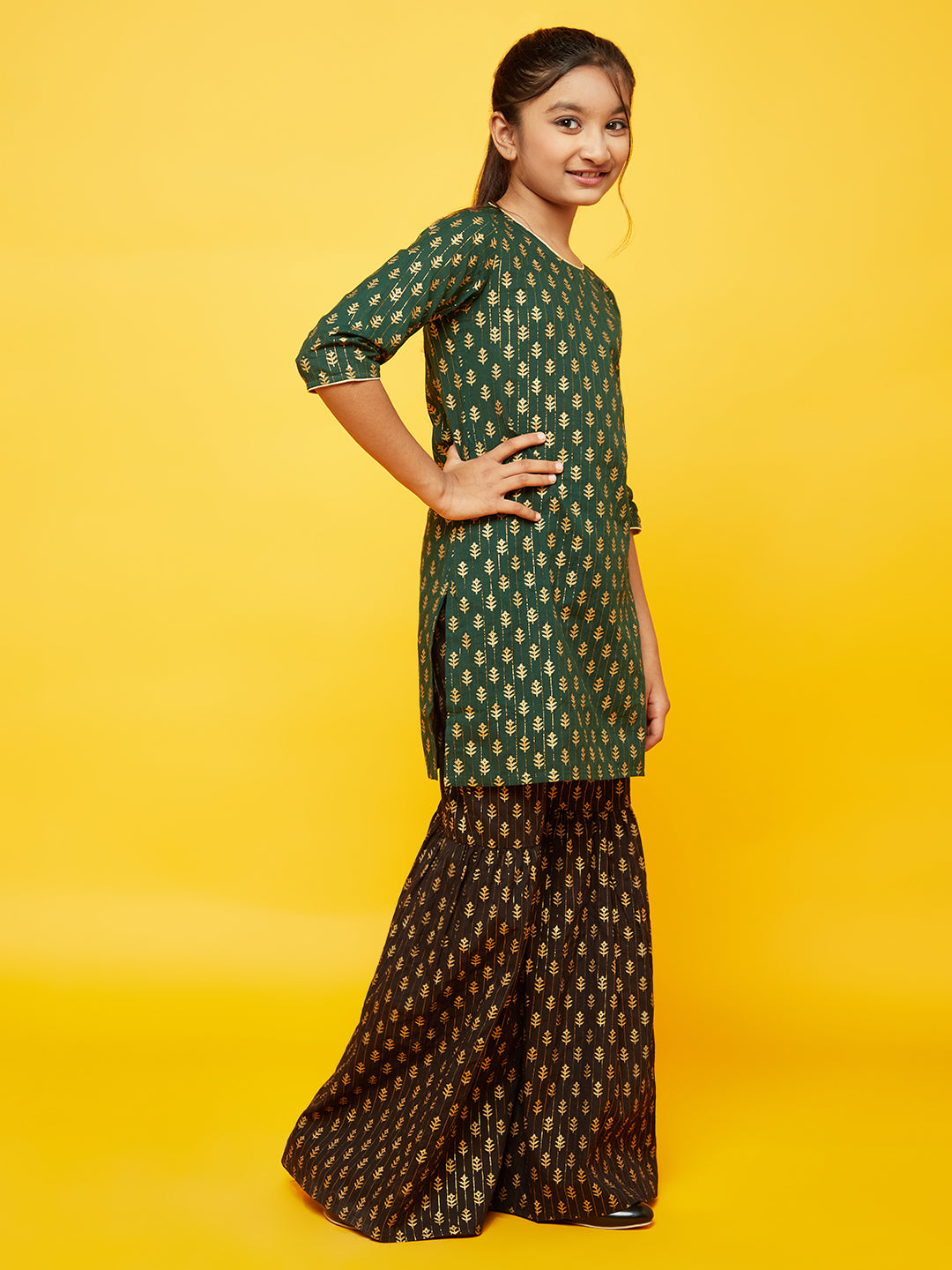 Green Gold Print Kurta With Sharara