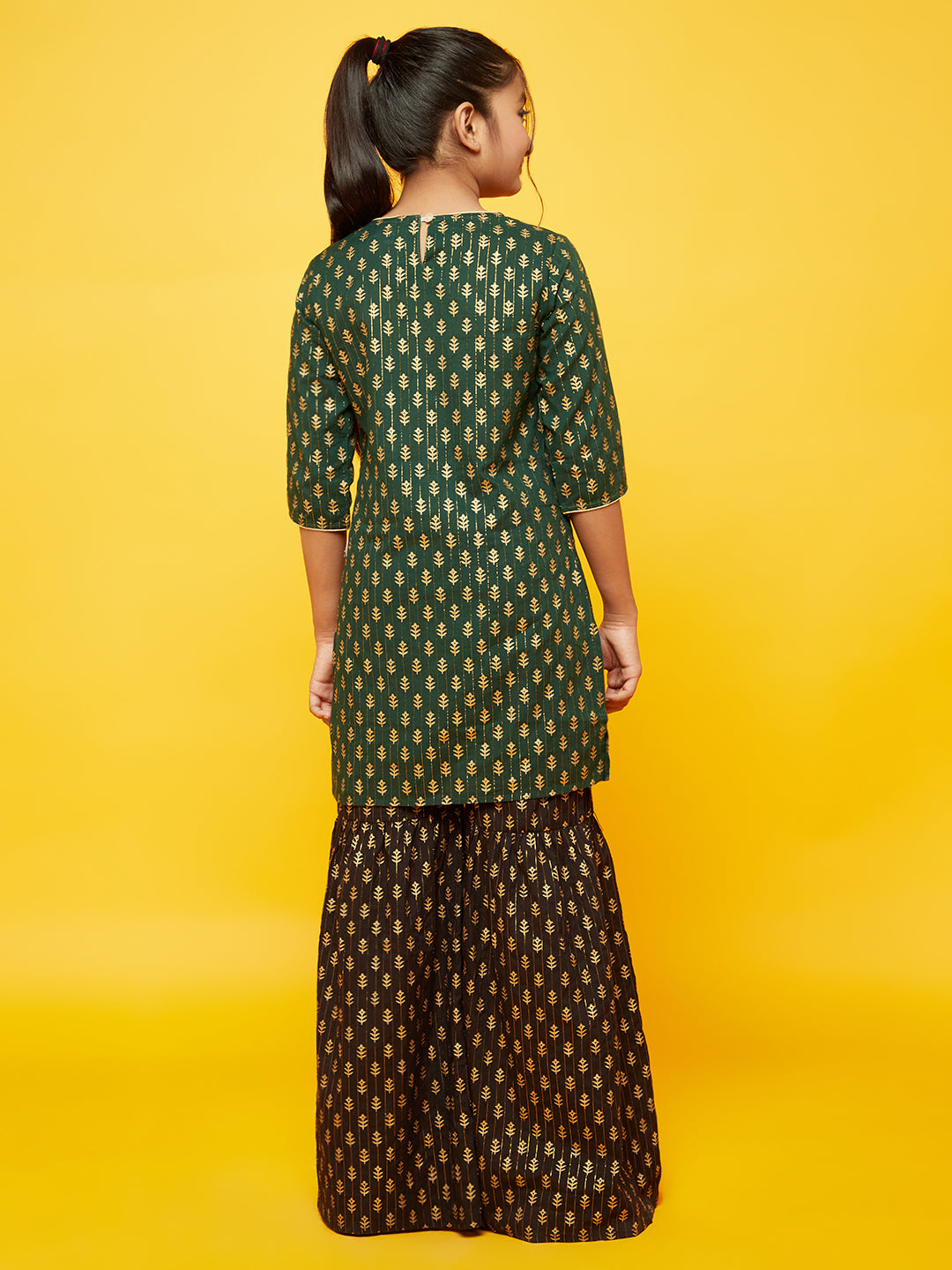 Green Gold Print Kurta With Sharara