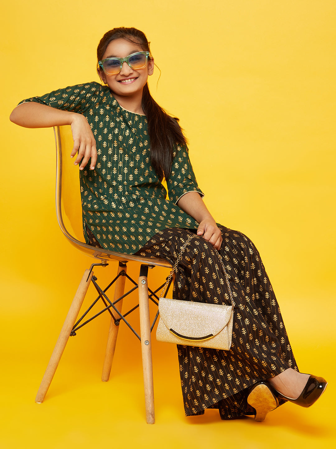 Green Gold Print Kurta With Sharara