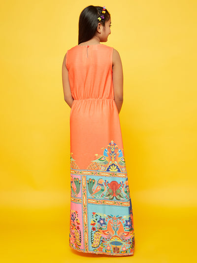 Orange Printed Flared Dress