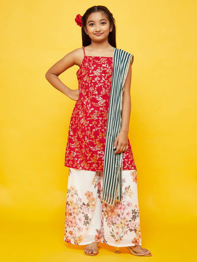 Red Floral Print Kurta With Dupatta