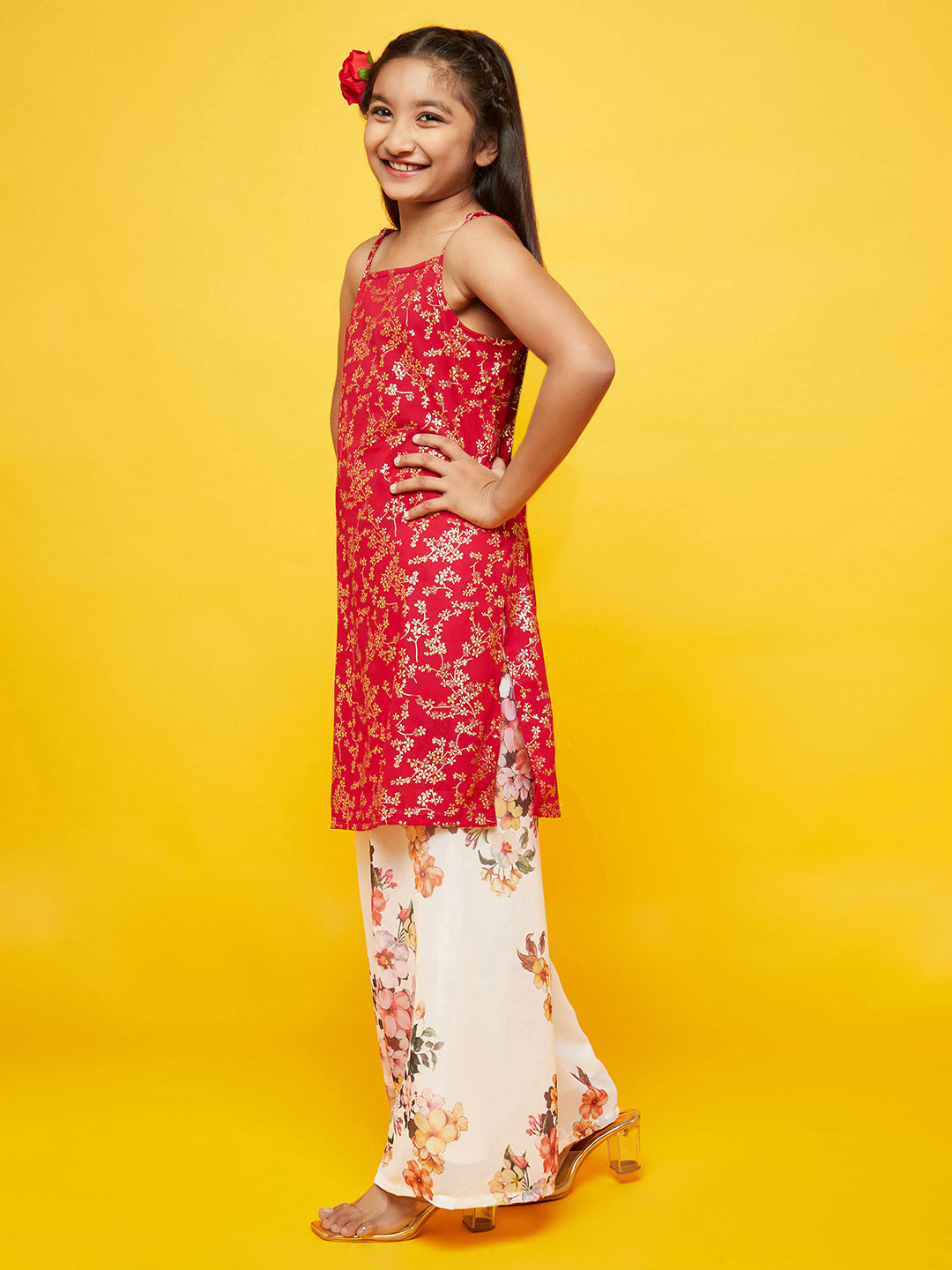 Red Floral Print Kurta With Dupatta