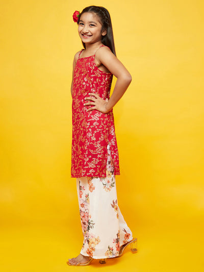 Red Floral Print Kurta With Dupatta