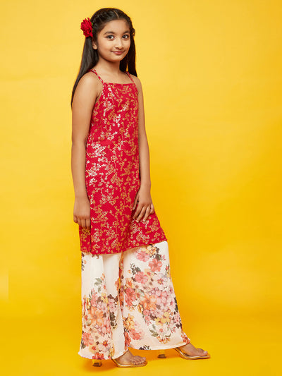 Red Floral Print Kurta With Dupatta