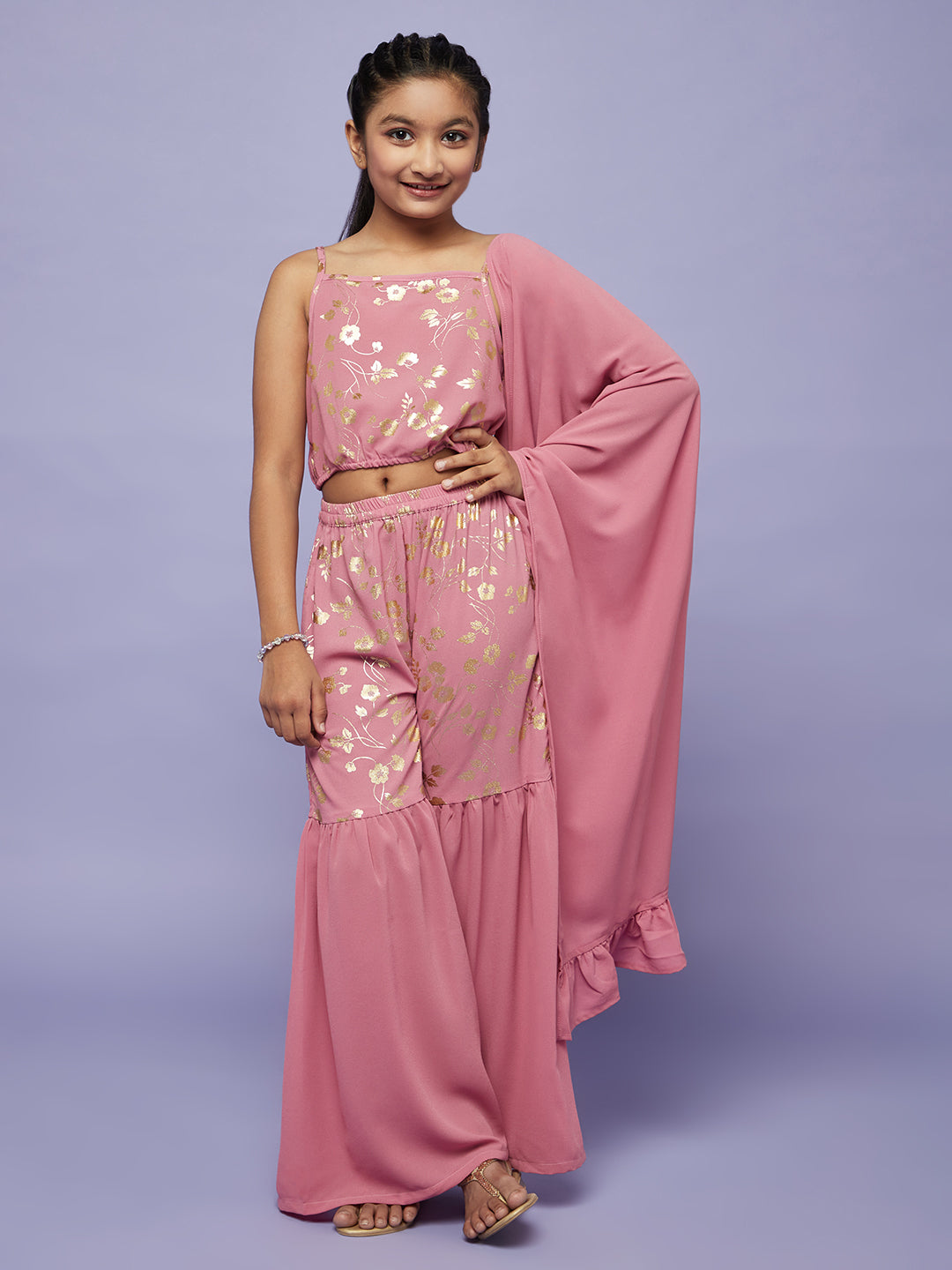 Pink Gold Foil Printed Top Sharara With Dupatta