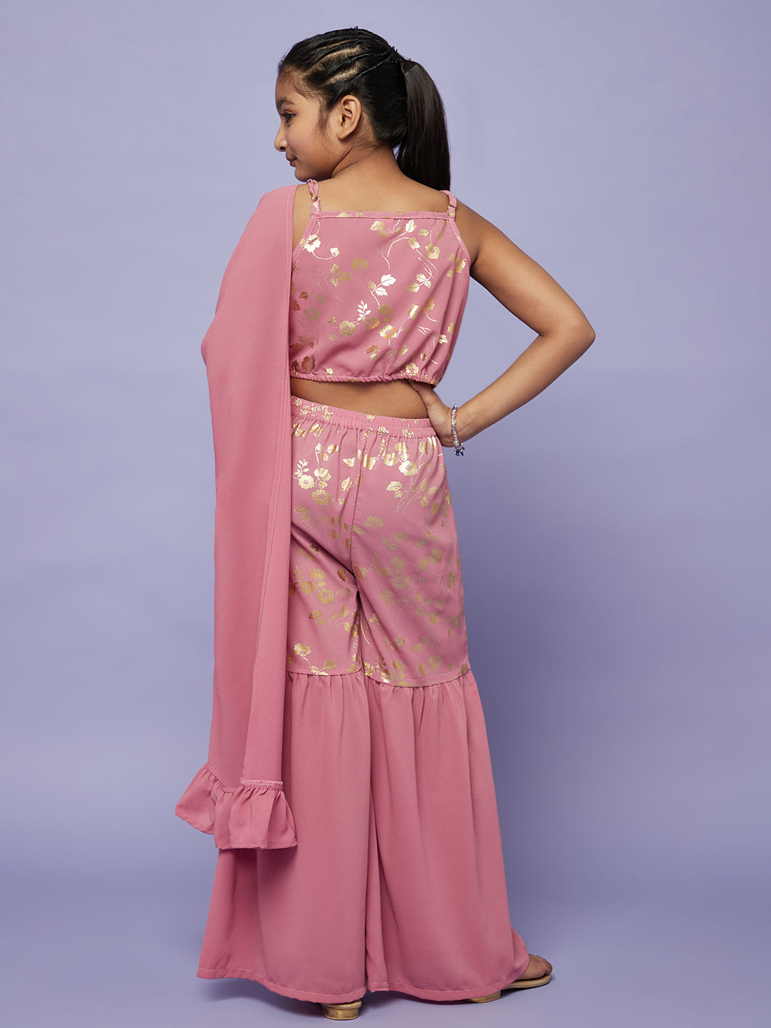 Pink Gold Foil Printed Top Sharara With Dupatta