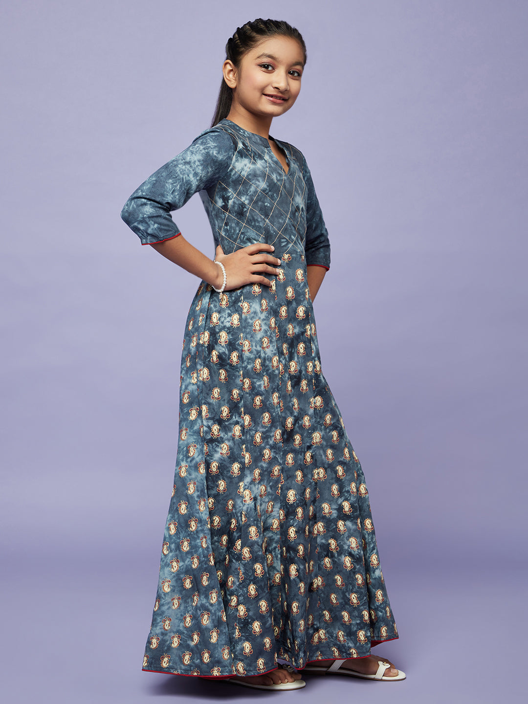 Grey Gold Printed Fish Cut Maxi Dress