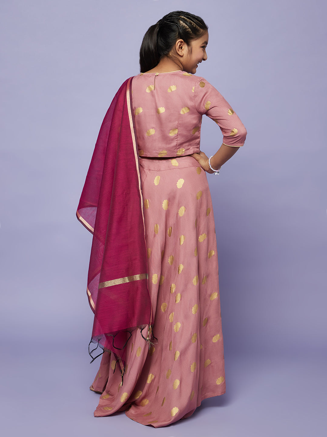 Mauve Gold Printed Lehenga Choli With Dupatta Set