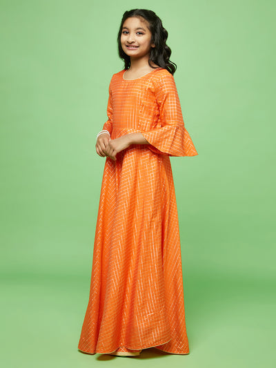 Orange Checked Long Dress With Bag