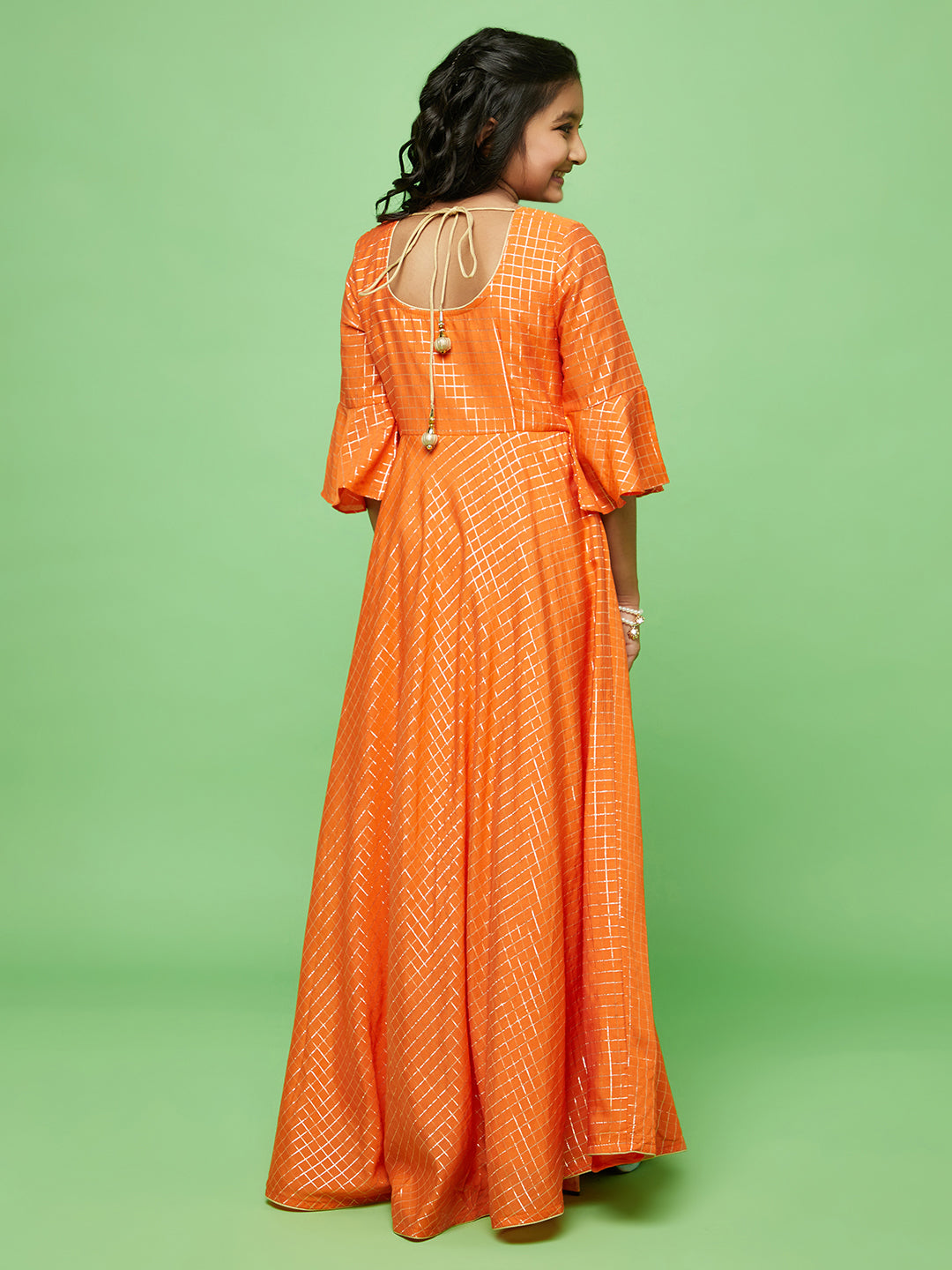 Orange Checked Long Dress With Bag