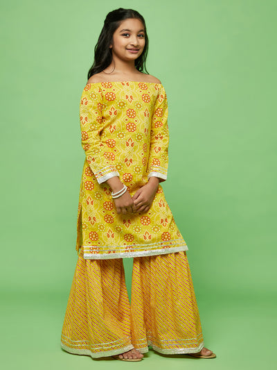 Yellow Bandhani Print Kurta With Sharara