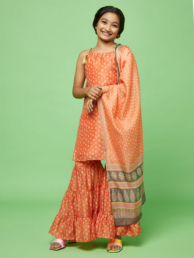 Orange Bandhani Sharara Suit Set Mother daughter Combo