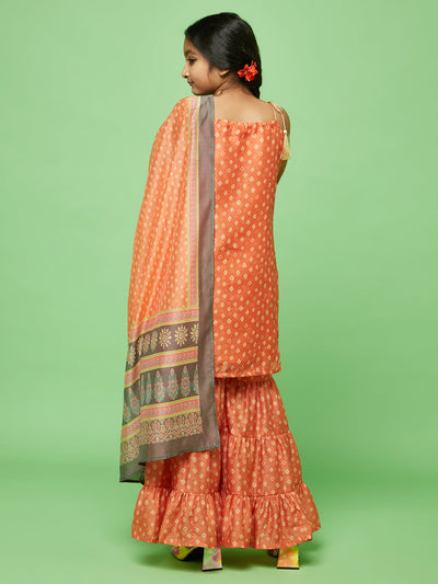 Orange Bandhani Sharara Suit Set Mother daughter Combo