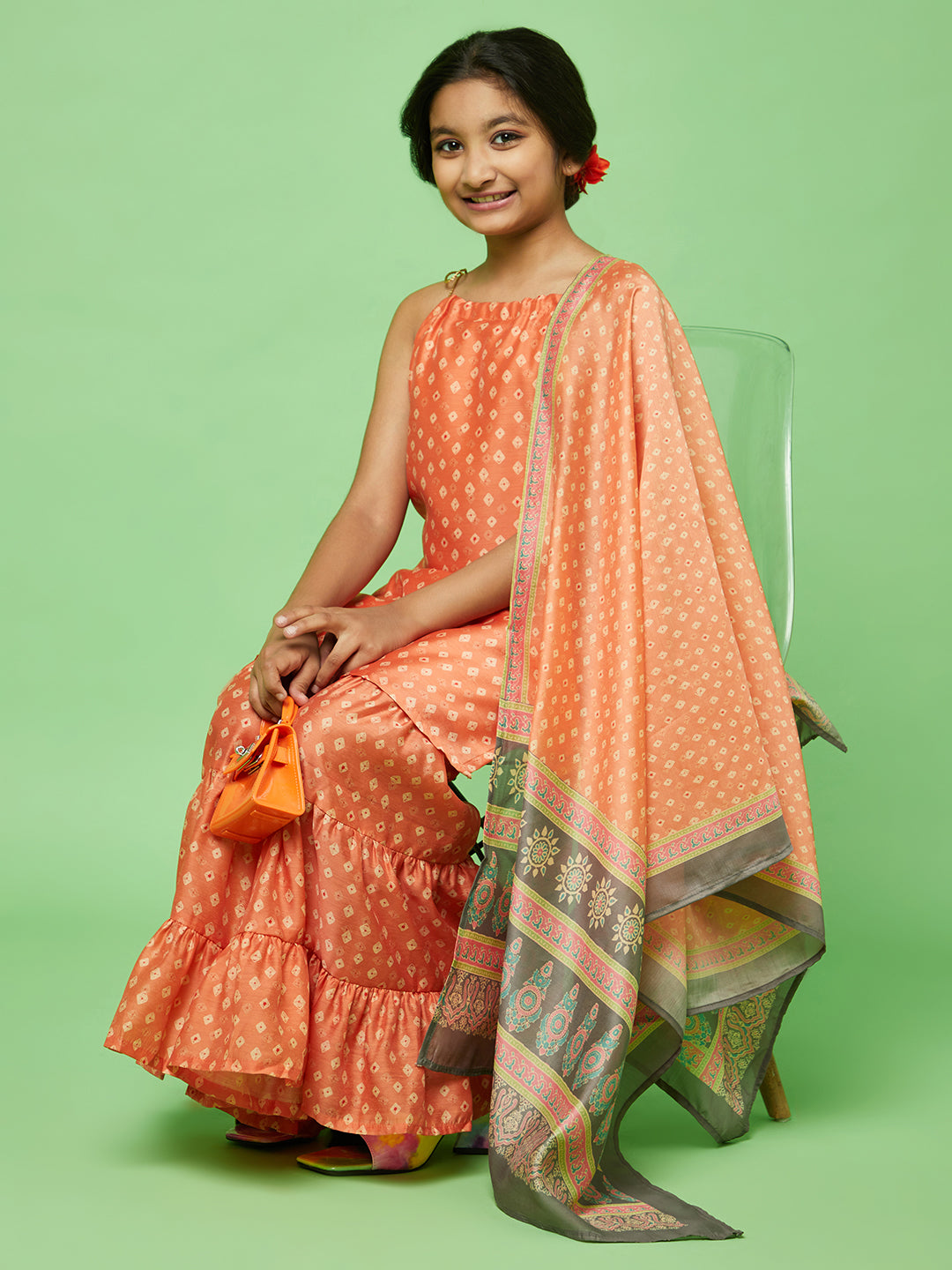 Orange Digital Print Kurta Sharara With Dupatta