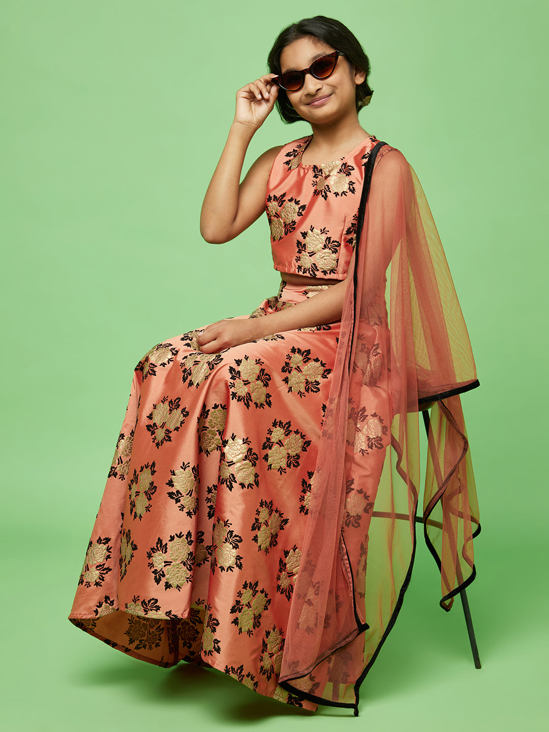 Rose Gold Flock Printed Lehenga Choli With Dupatta