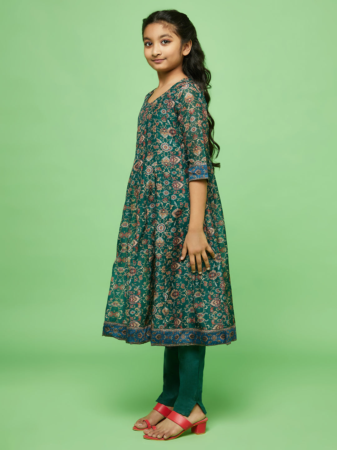 Green Floral Print Anarkali Pant With Dupatta