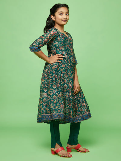 Green Floral Print Anarkali Pant With Dupatta